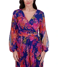 SIENA Chiffon Floral Print Pleated V-Neck Long Cutout Sleeve Maxi Dress