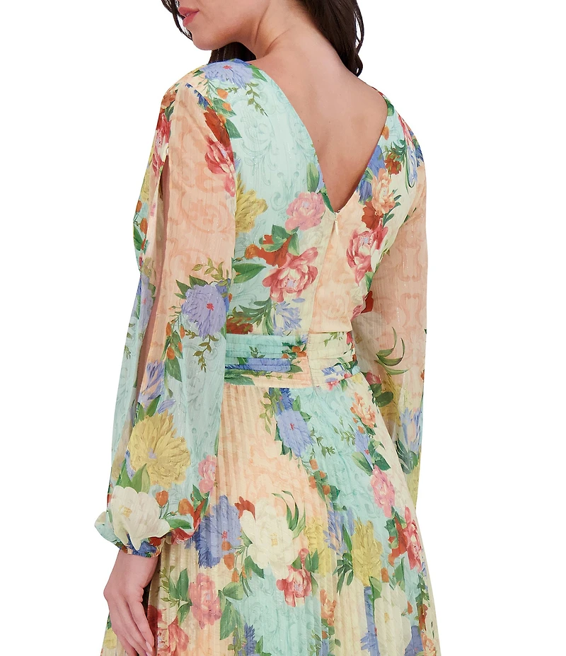 SIENA Chiffon Floral Print Pleated V-Neck Long Cutout Sleeve Maxi Dress