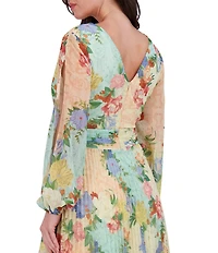 SIENA Chiffon Floral Print Pleated V-Neck Long Cutout Sleeve Maxi Dress