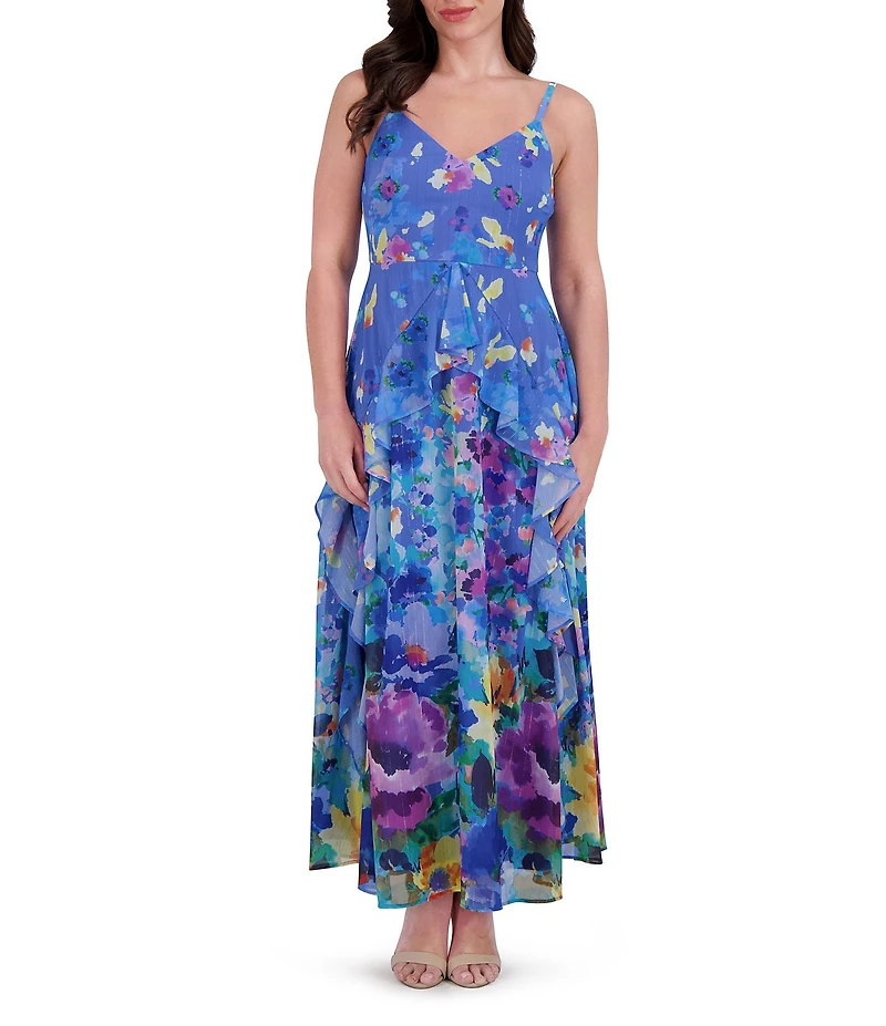 SIENA Chiffon Floral Print V Neck Sleeveless A-Line Midi Dress