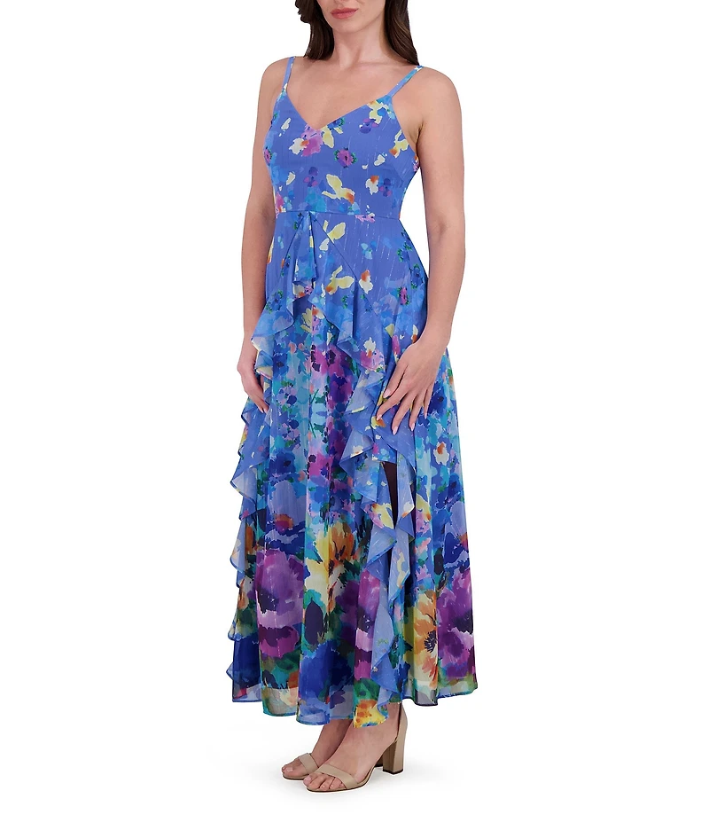 SIENA Chiffon Floral Print V Neck Sleeveless A-Line Midi Dress