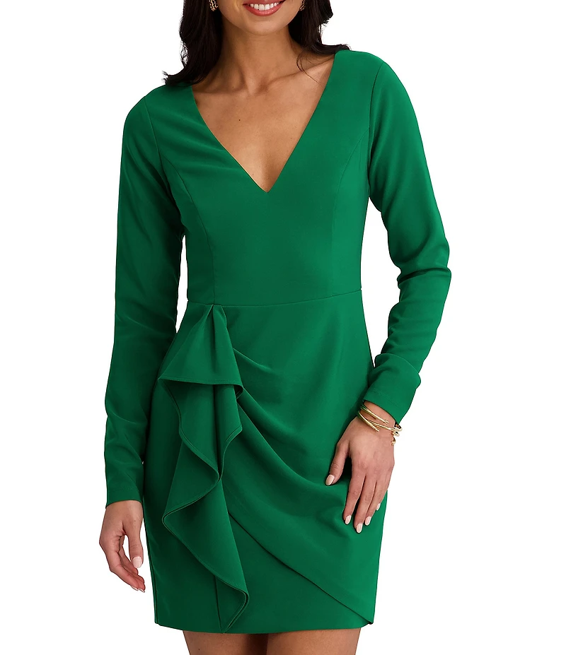 SIENA Crepe Long Sleeve V Neck Short Ruffle Sheath Dress
