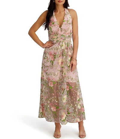 SIENA Embroidered Floral Mesh Deep V-Neck Long Dress
