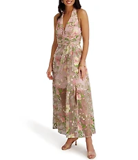 SIENA Embroidered Floral Mesh Deep V-Neck Long Dress
