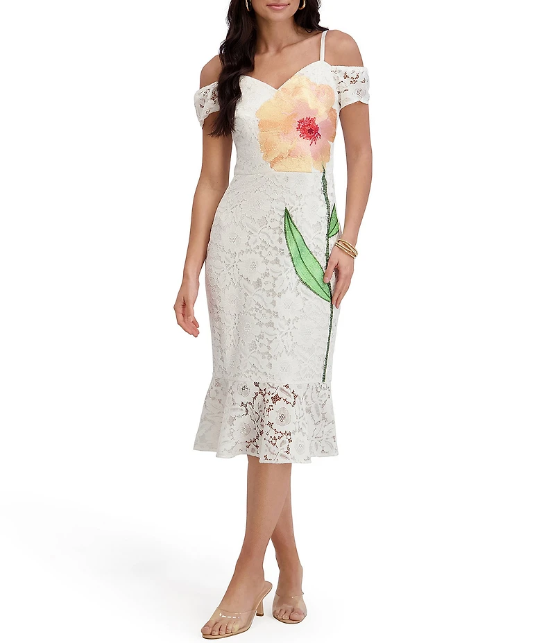 SIENA Embroidered Lace Floral Off-The-Shoulder Midi Dress
