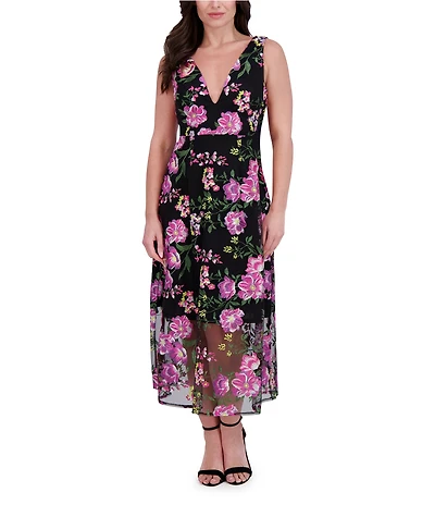 SIENA Floral Embroidered Mesh Plunge V-Neck Sleeveless A-Line Midi Dress