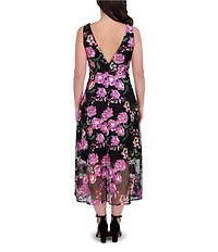 SIENA Floral Embroidered Mesh Plunge V-Neck Sleeveless A-Line Midi Dress