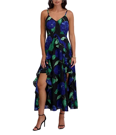 SIENA Floral Print Chiffon V-Neck Sleeveless A-Line Midi Dress