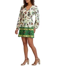 SIENA Floral Print V-Neck Long Sleeve Woven Shift Mini Dress