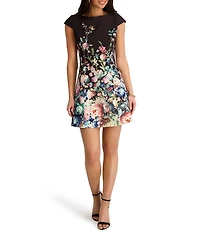SIENA Floral Printed Sateen Crew Neck Cap Sleeve Sheath Mini Dress