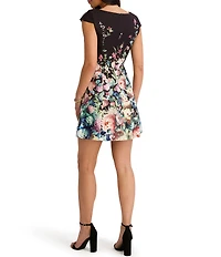 SIENA Floral Printed Sateen Crew Neck Cap Sleeve Sheath Mini Dress