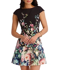 SIENA Floral Printed Sateen Crew Neck Cap Sleeve Sheath Mini Dress