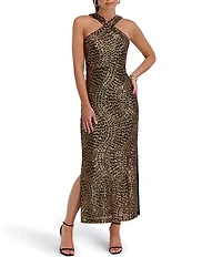 SIENA Halter Sequin Mesh Long Dress