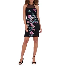SIENA Illusion Halter Cage Back Embroidered Mesh Sheath Dress