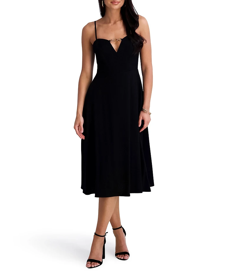 Siena Keyhole Neck Hardward Detail Faux Linen Aline Midi Dress