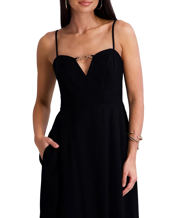 Siena Keyhole Neck Hardward Detail Faux Linen Aline Midi Dress