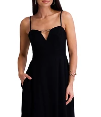 Siena Keyhole Neck Hardward Detail Faux Linen Aline Midi Dress