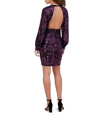 SIENA Keyhole Neck Open Back Long Sleeve Abstract Animal Sequin Sheath Dress