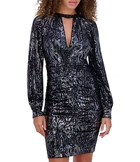 SIENA Keyhole Neck Open Back Long Sleeve Abstract Animal Sequin Sheath Dress