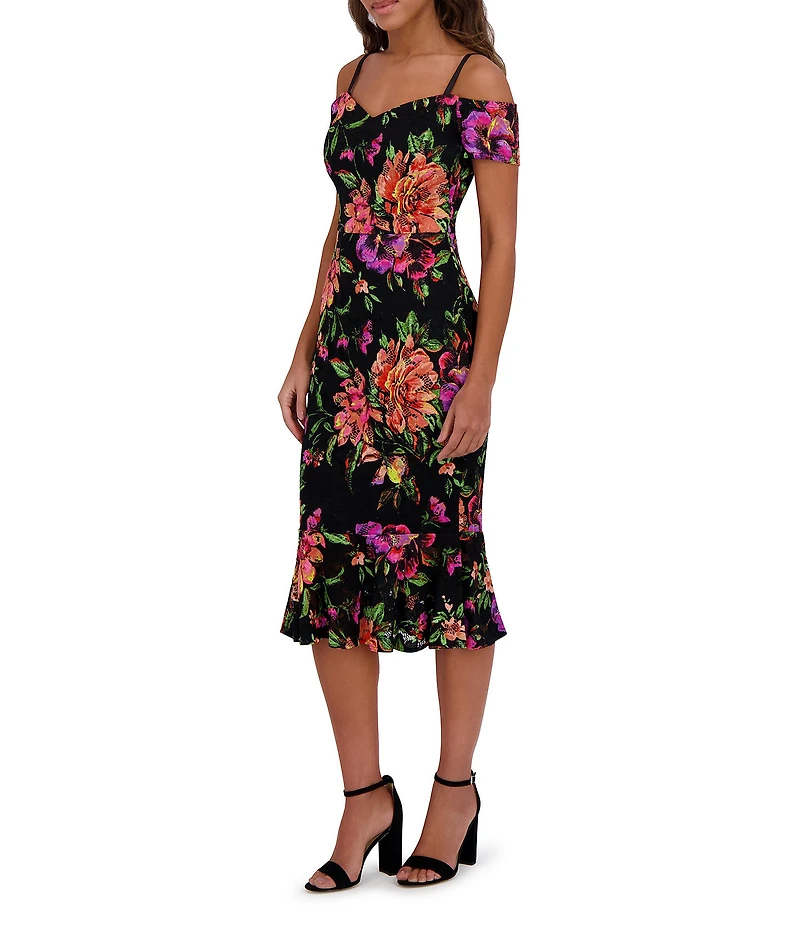 SIENA Lace Floral Print Off-The-Shoulder Neck Short Sleeve Sheath Midi Dress