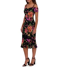 SIENA Lace Floral Print Off-The-Shoulder Neck Short Sleeve Sheath Midi Dress