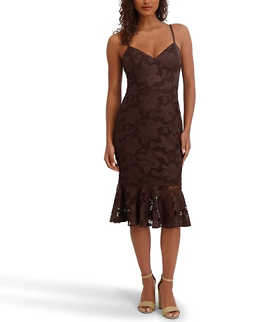 SIENA Lace Sweetheart Neck Sleeveless Flounce Midi Dress