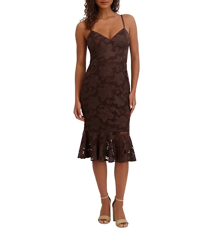SIENA Lace Sweetheart Neck Sleeveless Flounce Midi Dress