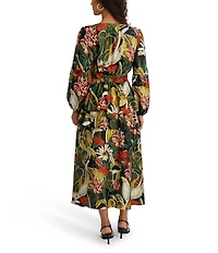 SIENA Long Sleeve Printed Satin Ruffle Midi Dress