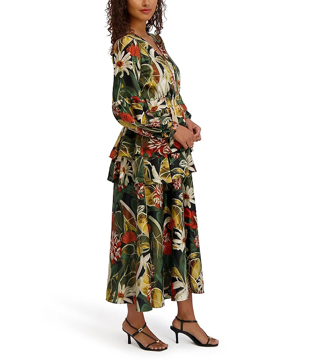 SIENA Long Sleeve Printed Satin Ruffle Midi Dress at CoolSprings Galleria  in Franklin, TN