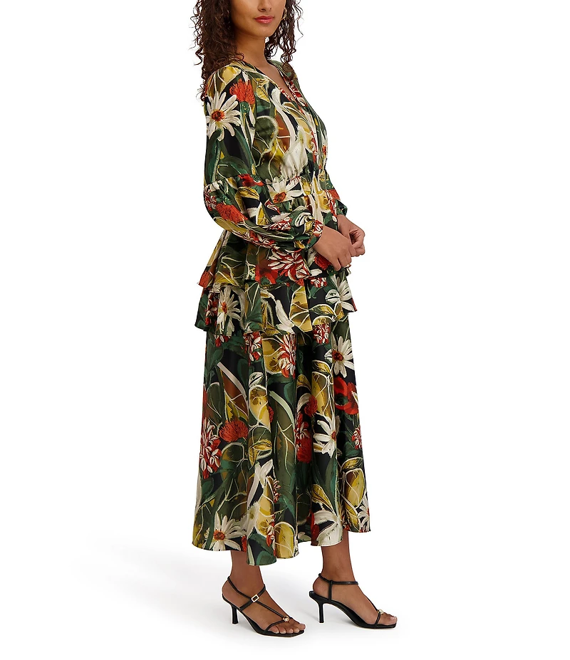 SIENA Long Sleeve Printed Satin Ruffle Midi Dress