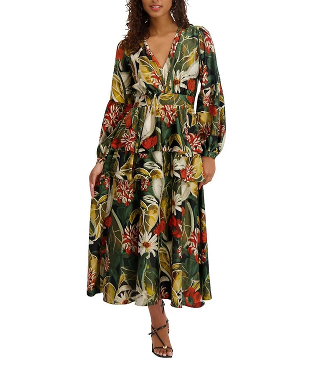 SIENA Long Sleeve Printed Satin Ruffle Midi Dress at CoolSprings Galleria  in Franklin, TN