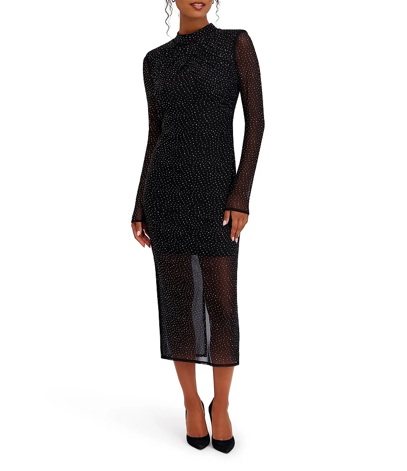 SIENA Long Sleeve Studded Mesh Midi Dress