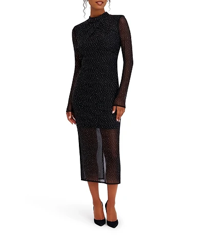 SIENA Long Sleeve Studded Mesh Midi Dress