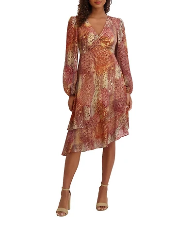 SIENA Long Sleeve V-Neck Printed Shimmer Asymmetrical Knee Length Dress