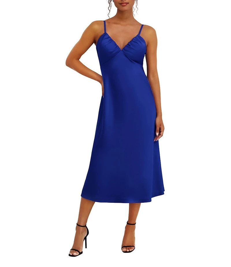 SIENA Matte Satin V-Neck Sleeveless Spaghetti Straps Slip Midi Dress