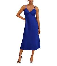 SIENA Matte Satin V-Neck Sleeveless Spaghetti Straps Slip Midi Dress