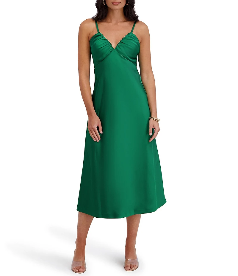 SIENA Matte Satin V-Neck Sleeveless Spaghetti Straps Slip Midi Dress