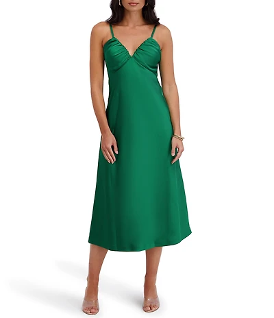 SIENA Matte Satin V-Neck Sleeveless Spaghetti Straps Slip Midi Dress