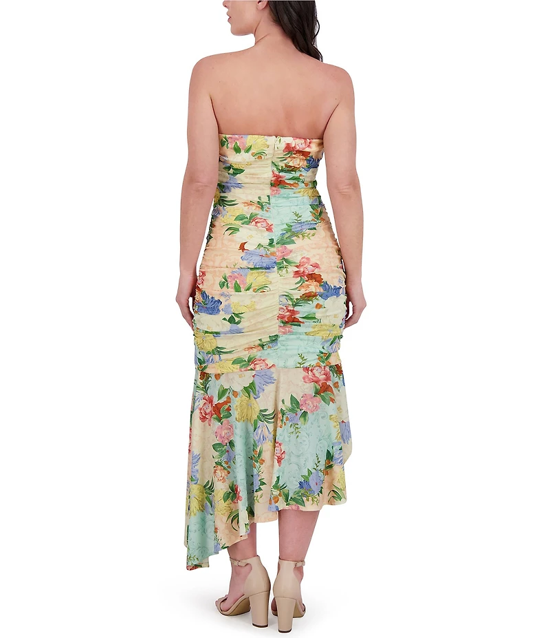 SIENA Mesh Floral Print Strapless Neck Sleeveless Ruched Drop Waist Midi Dress