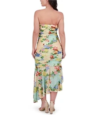SIENA Mesh Floral Print Strapless Neck Sleeveless Ruched Drop Waist Midi Dress