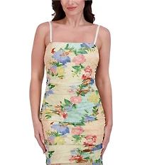 SIENA Mesh Floral Print Strapless Neck Sleeveless Ruched Drop Waist Midi Dress