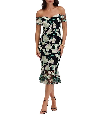 SIENA Off The Shoulder Floral Embroidered Mesh Sheath Midi Dress
