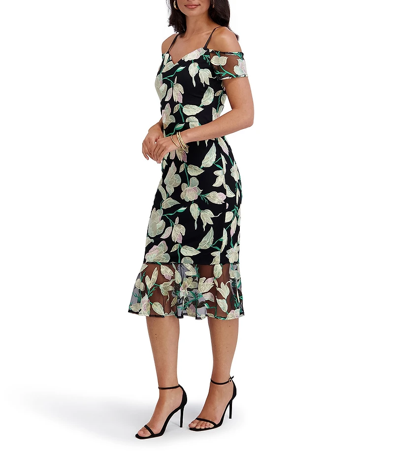 SIENA Off The Shoulder Floral Embroidered Mesh Sheath Midi Dress