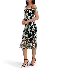 SIENA Off The Shoulder Floral Embroidered Mesh Sheath Midi Dress