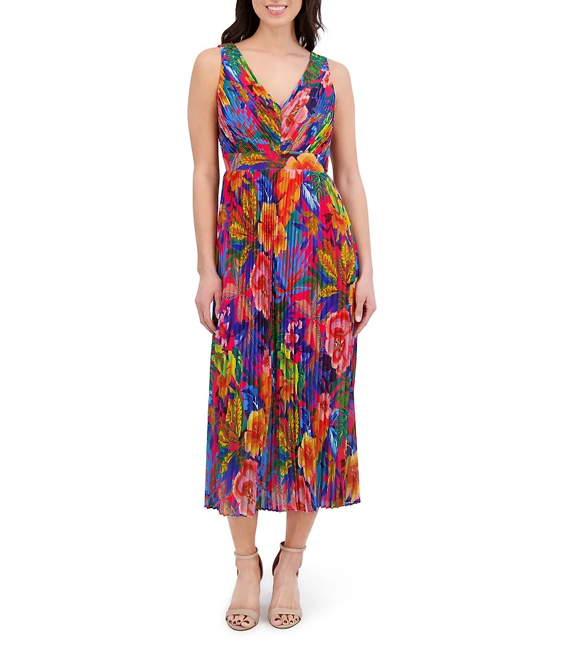 SIENA Pleated Chiffon Floral Print V-Neck Sleeveless A-Line Midi Dress