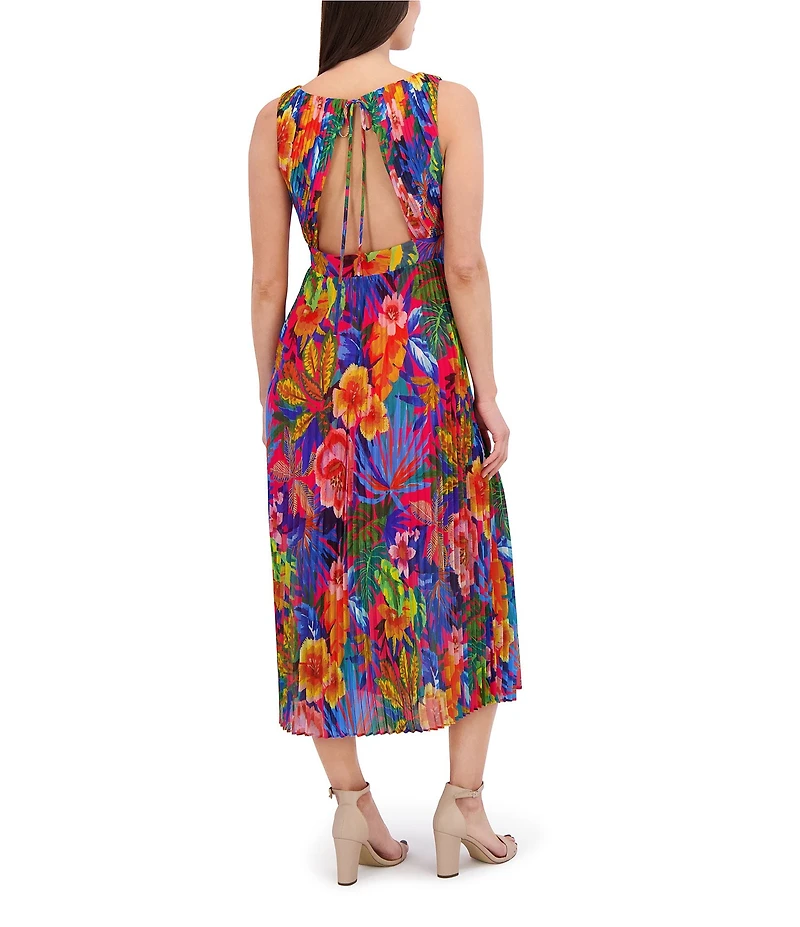 SIENA Pleated Chiffon Floral Print V-Neck Sleeveless A-Line Midi Dress