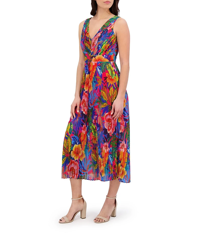 SIENA Pleated Chiffon Floral Print V-Neck Sleeveless A-Line Midi Dress