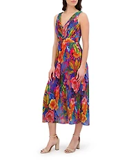 SIENA Pleated Chiffon Floral Print V-Neck Sleeveless A-Line Midi Dress
