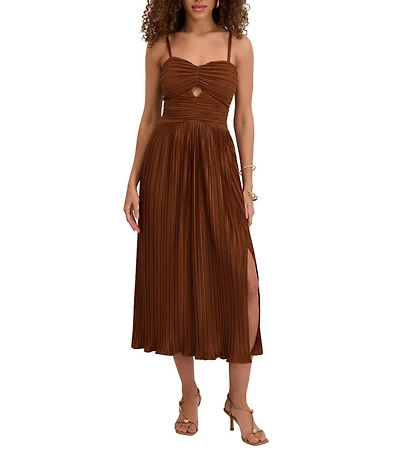 SIENA Pleated Woven Sweetheart Neckline Bodice Keyhole Sleeveless A-Line Midi Dress