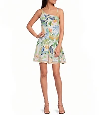 SIENA Printed Asymmetric Neck Drop Waist Pleated Mini Dress